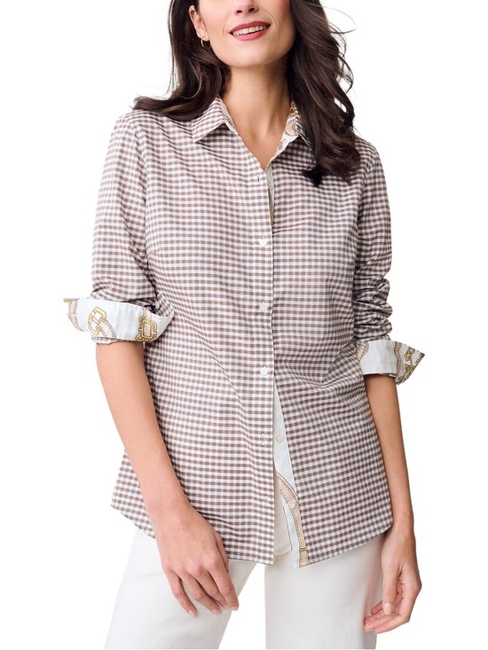 J. McLaughlin Tops - J. McLaughlin Lois Blouse Taupe Gingham Button-Down Shirt Size M Fall Brown